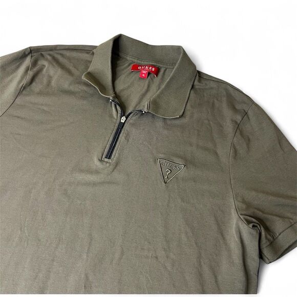Guess Polo Shirt Mens XL Green Short Sleeve Quarter Zip Stretch Side Stripe - Picture 1 of 10